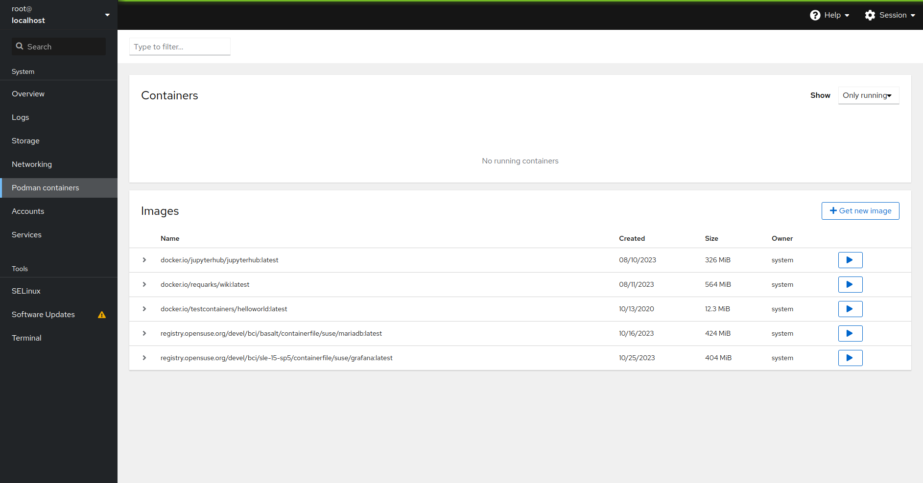 The podman containers page